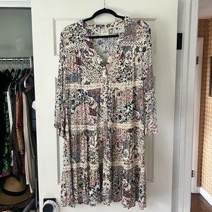 Knox Rose Tiered Crochet Mini Shirt Dress Bell Sleeves Floral Size: Medium